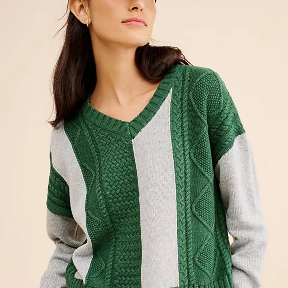 Dot & Lu Mixed V Neck Sweater Green Gray Sz S